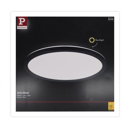 Okrúhle stropné svietidlo s čiernym rámom a bielym difúzorom je zobrazené na obale. Svietidlo má podsvietenie. Na obale je uvedené: Atria Shine, 2000lm | 16W | 230V, Schwarz/Black.