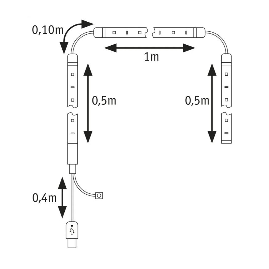 LED pásik tvorí pravý uhol. Dĺžka ramien je 0,5 m a 1 m. Krátke rameno je otočené o 0,10 m. Celková dĺžka kábla je 0,4 m. Pásik sa napája cez USB.