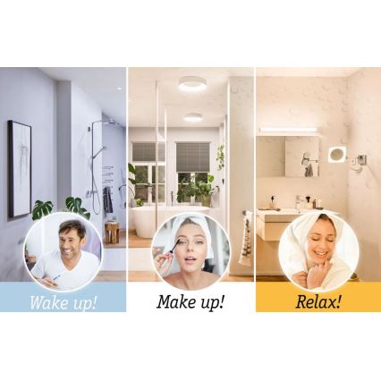 Tri snímky kúpeľní s rôznym osvetlením. Muž si čistí zuby, žena sa líči a ďalšia žena sa relaxuje. Text: Wake up!, Make up!, Relax!