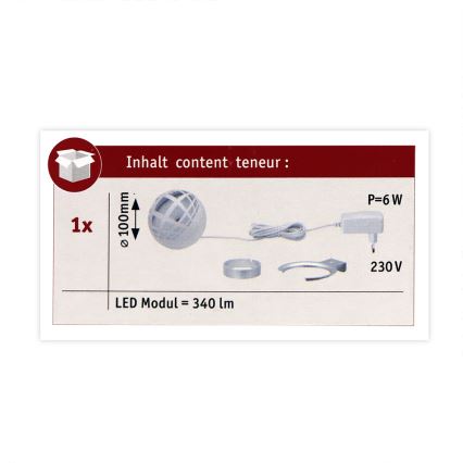 Guľové LED svetlo s priemerom 100 mm je zobrazené s príslušenstvom: sieťovým adaptérom (6W, 230V), dvoma kruhovými prstencami a káblom. Obsah balenia: 1 kus. LED modul má svetelný tok 340 lm.