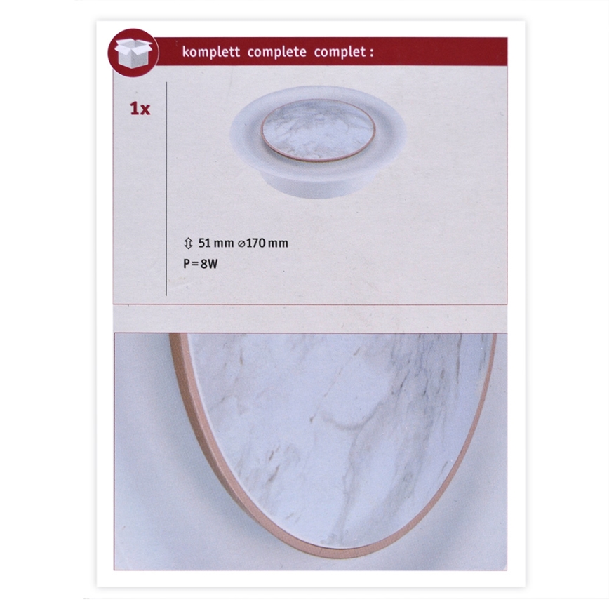 Okrúhly, mramorový svetlomet s rozmermi 51 mm a priemerom 170 mm, s výkonom 8W, je zobrazený na obrázku. Kompletná sada obsahuje 1 kus.