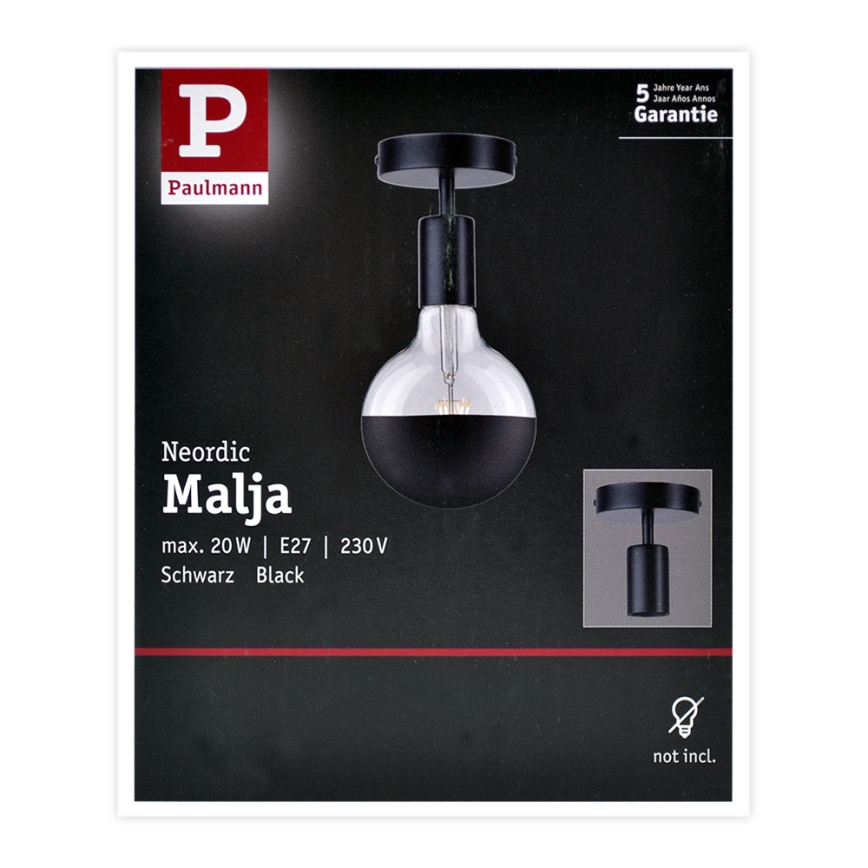 Čierna stropná lampa Malja od Paulmann s tienidlom, max. 20 W, E27, 230 V. Balenie uvádza 5-ročnú záruku a označenie, že žiarovka nie je súčasťou balenia.