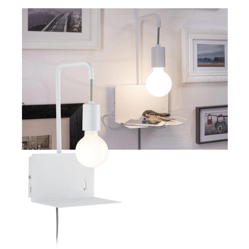 Paulmann 79812 - 1xE27/40W Nástenné svietidlo CALVANI s policou a USB, 230V, biele