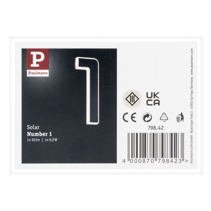 Paulmann 79842 - LED/0,2W IP44 Solárne domové číslo 1,2V 1500 mAh
