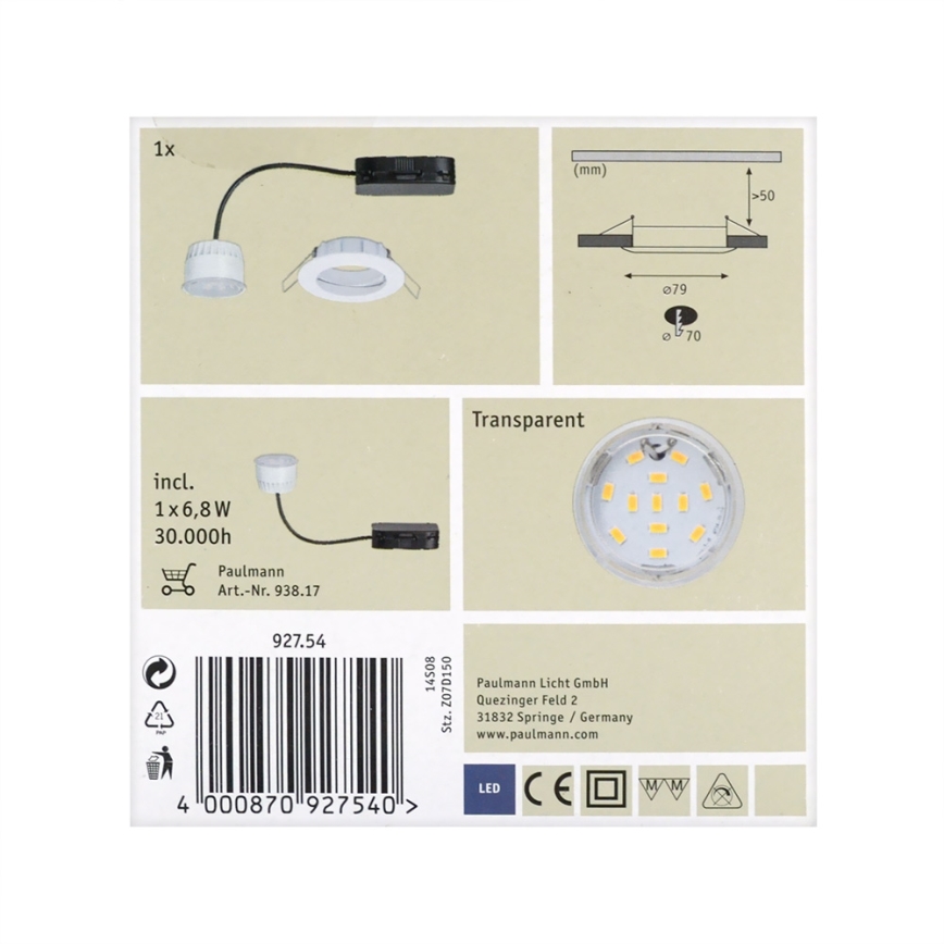 Paulmann 92754 - LED/6,8W IP44 Kúpeľňové podhľadové svietidlo COIN 230V