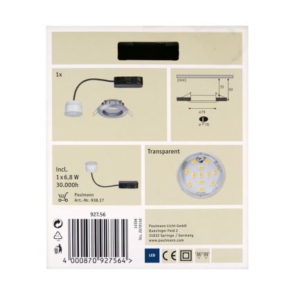 Paulmann 92756 - LED/6,8W IP44 Kúpeľňové podhľadové svietidlo COIN 230V