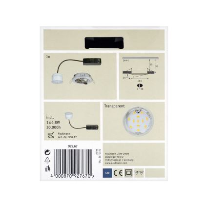 Paulmann 92767 - LED/6,8W Kúpeľňové podhľadové svietidlo COIN 230V