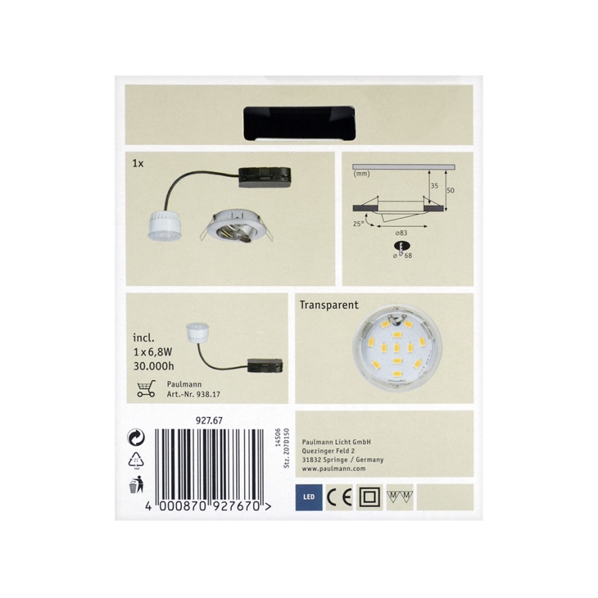 Paulmann 92767 - LED/6,8W Kúpeľňové podhľadové svietidlo COIN 230V