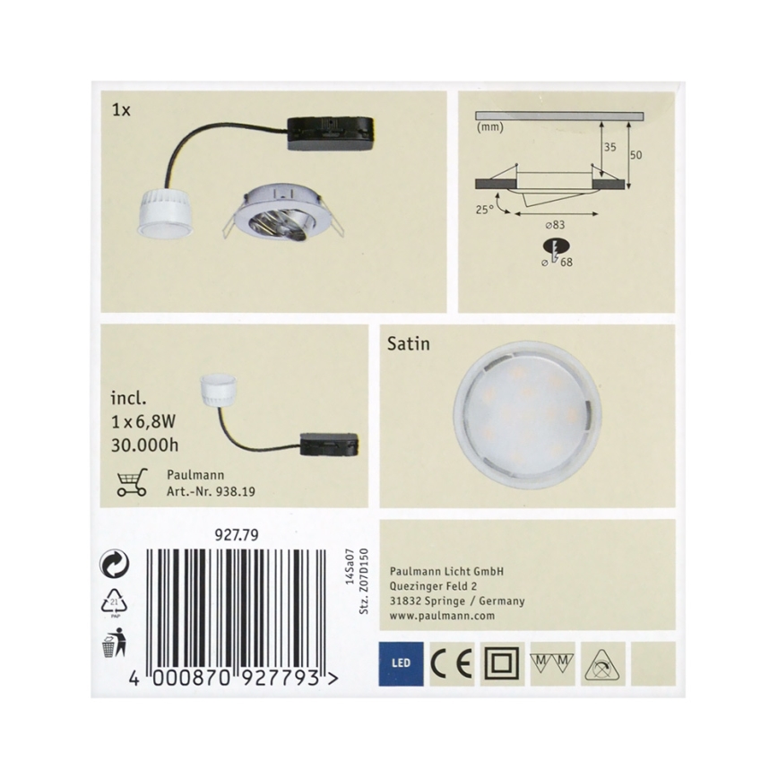 Paulmann 92779 - LED/6,8W Kúpeľňové podhľadové svietidlo COIN 230V