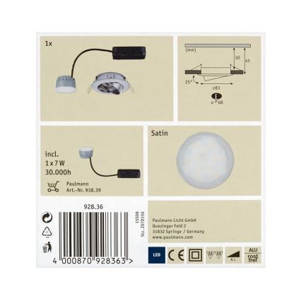 Paulmann 92836 - LED/7W Stmievateľné kúpeľňové podhľadové svietidlo COIN 230V