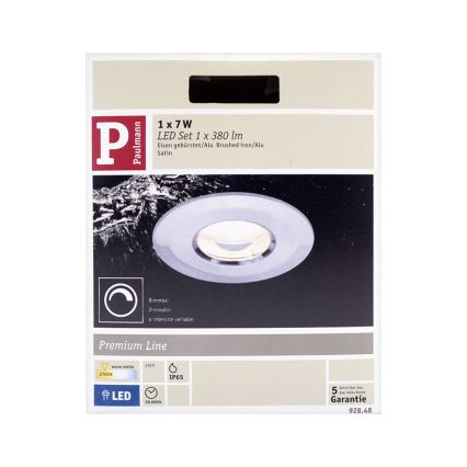 Balenie LED svietidla; zobrazuje zapustené svietidlo s kovovou povrchovou úpravou; 1 x 7W, 380 lm, 230V, IP65, 30 000 hodín, 5 rokov záruka, číslo 928.48.