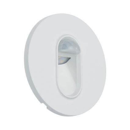 Biela kruhová nástenná lampa s integrovaným pohybovým senzorom a LED svetlom. Lampa je zapustená do steny. Svietidlo je osvetľovacie.