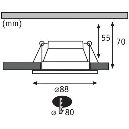 Svietidlo sa montuje do stropu. Rozmery svietidla sú 88 mm v priemere a výška 70 mm. Priemer otvoru je 80 mm.
