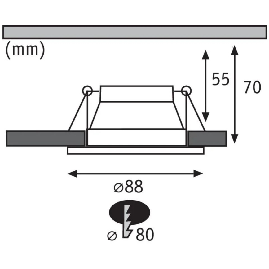 Svietidlo sa montuje do stropu. Rozmery svietidla sú 88 mm v priemere a výška 70 mm. Priemer otvoru je 80 mm.