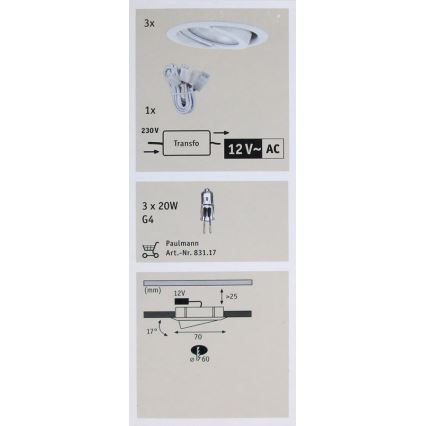 Paulmann 93523 - SADA 3x Podhľadové svietidlo MICRO G4/20W/230V/12V