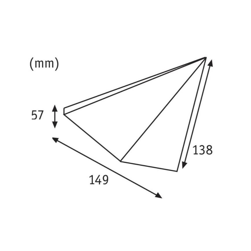 Trojuholníkový útvar s rozmermi 57 mm, 138 mm a 149 mm je znázornený schematicky. Jednotky sú uvedené v mm.