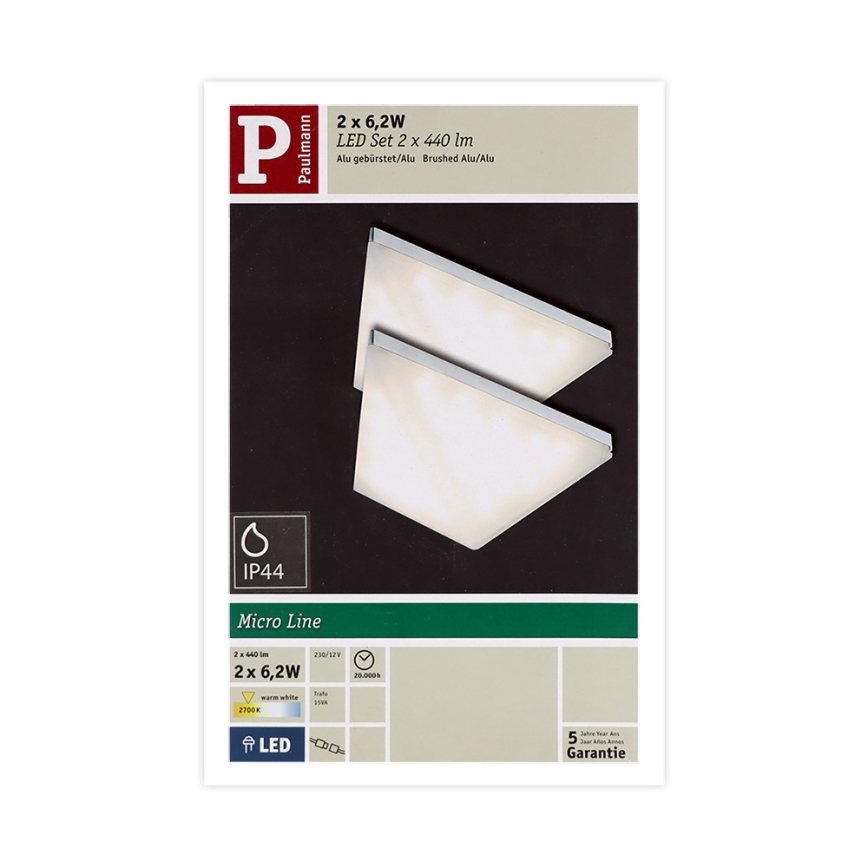 Dve LED svietidlá, štvorcového tvaru, s matným povrchom, sú zobrazené na tmavom pozadí. Svietidlá sú súčasťou sady Micro Line od Paulmann, s technickými údajmi: 2 x 6,2W, 2 x 440 lm, IP44 a 5 ročná záruka.