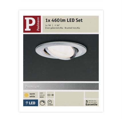 LED svietidlo svieti. Balenie zobrazuje svietidlo zabudované do stropu. Na obale je uvedené: 1x 460 lm LED Set, 1x 7W | 36°, Eisen gebürstet/Alu Brushed iron/Alu, 5 Jahre Garantie.