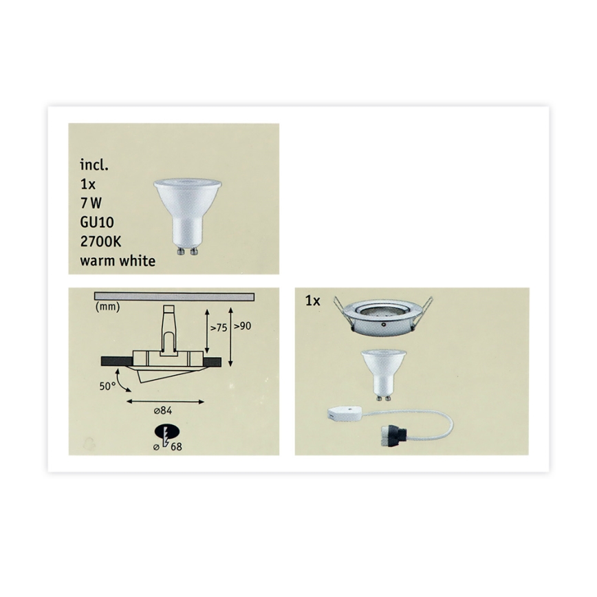 Svietidlo sa skladá z kovového telesa na zapustenie do stropu a LED žiarovky s paticou GU10, výkonom 7W a teplotou farieb 2700K (teplá biela). Súčasťou je aj zapojenie so zástrčkou. Rozmery telesa sú uvedené v milimetroch.