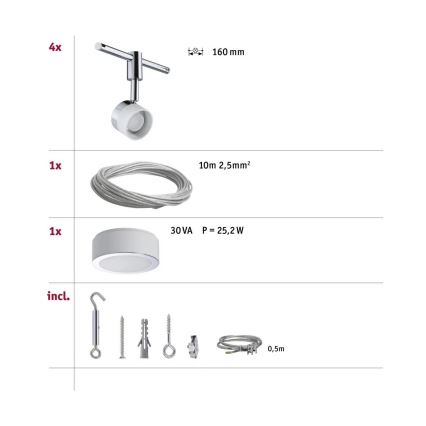 Svietidlo s nástenným držiakom (4x), 160 mm, spolu s 10 m káblom (2,5 mm²), stropným svietidlom (30 VA, 25,2 W) a montážnym materiálom vrátane 0,5 m kábla.