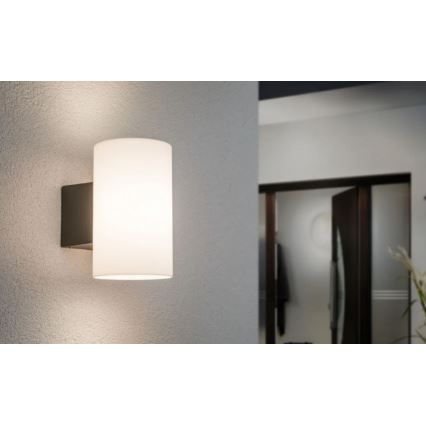 Nástenná lampa s valcovitým matným skleneným tienidlom svieti na svetlej stene. Lampa je tmavosivá. Pozadie ukazuje rozmazaný pohľad na chodbu s dverami.