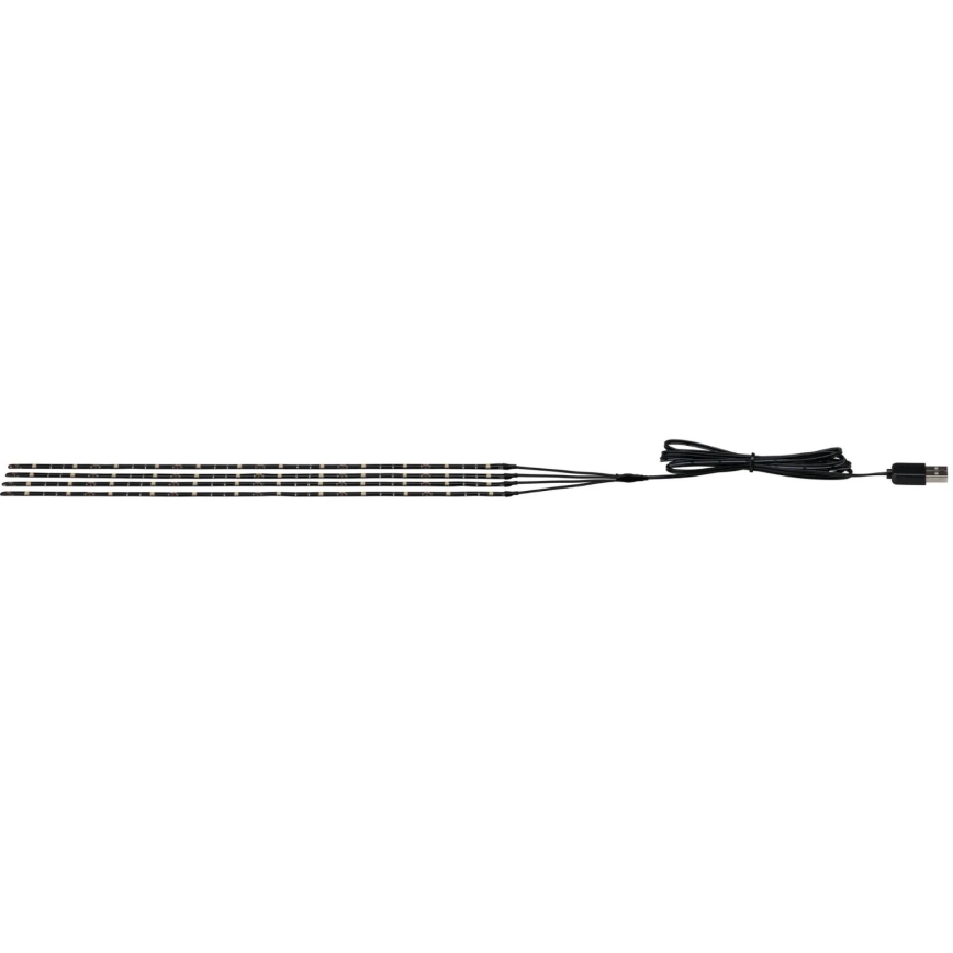 Štyri LED pásiky svietia na bielom pozadí. Pásiky sú spojené káblom s USB konektorom.
