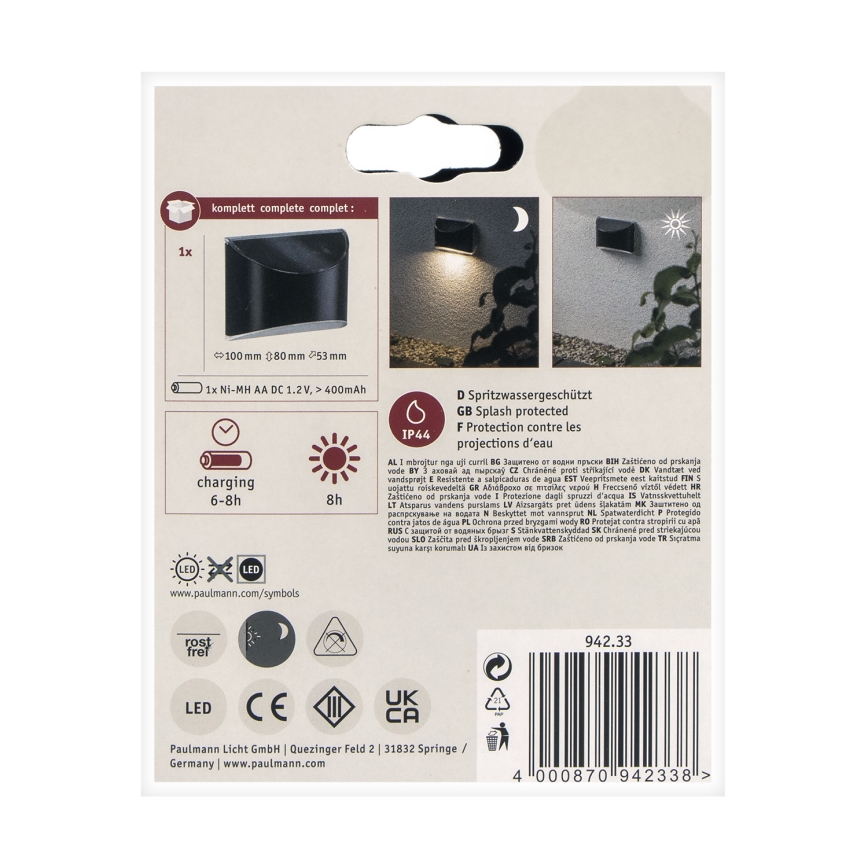 Paulmann 94233 - LED/0,05W IP44 Solárne nástenné svietidlo ELLIOT 1,2V 400 mAh