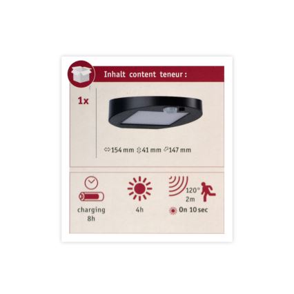 Paulmann 94246 - LED/1,2W IP44 Vonkajšie solárne svietidlo so senzorom RYSE 3,7V 1800 mAh