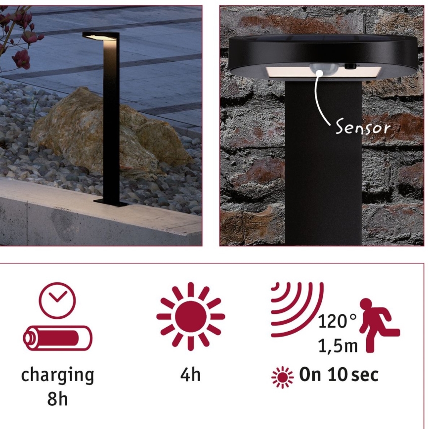 Paulmann 94249 - LED/1,2W IP44 Vonkajšia solárna lampa so senzorom RYSE 3,7V 1800 mAh