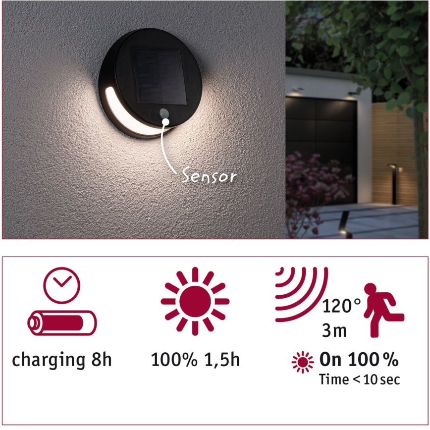 Paulmann 94265 - LED/3W IP44 Vonkajšie solárne svietidlo so senzorom HELENA 3,7V 1800 mAh