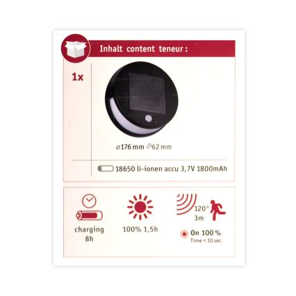 Paulmann 94265 - LED/3W IP44 Vonkajšie solárne svietidlo so senzorom HELENA 3,7V 1800 mAh