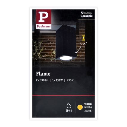 Čierne vonkajšie svietidlo Flame značky Paulmann svieti. Je pripevnené na tehlovej stene. Technické údaje: 2x 390 lm, 1x 2,8 W, 230 V, IP44, teplá biela (3000 K), 5-ročná záruka.