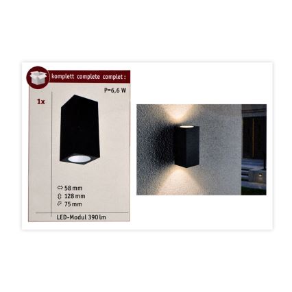 Čierne nástenné LED svietidlo s rozmermi 58x128x75 mm a svetelným výkonom 390 lm (6,6 W) je osadené na vonkajšej stene.
