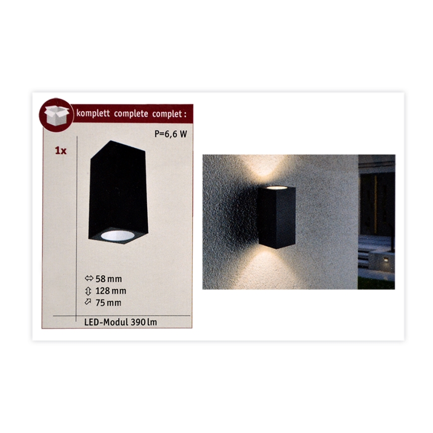 Čierne nástenné LED svietidlo s rozmermi 58x128x75 mm a svetelným výkonom 390 lm (6,6 W) je osadené na vonkajšej stene.
