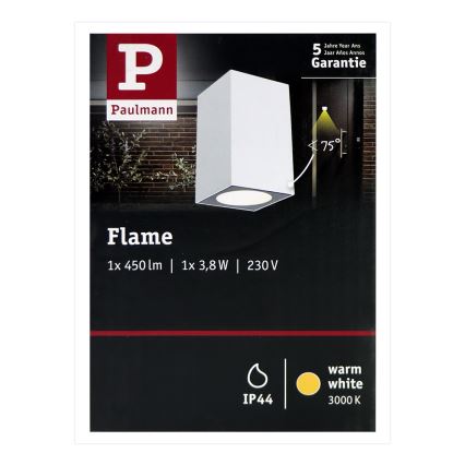 Biela štvorcová vonkajšia lampa Flame značky Paulmann svieti na dvere. Technické údaje: 1x 450 lm, 1x 3,8 W, 230 V, IP44, 3000 K. Záruka 5 rokov.