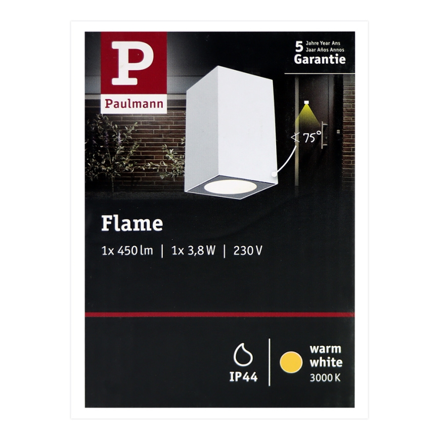 Biela štvorcová vonkajšia lampa Flame značky Paulmann svieti na dvere. Technické údaje: 1x 450 lm, 1x 3,8 W, 230 V, IP44, 3000 K. Záruka 5 rokov.