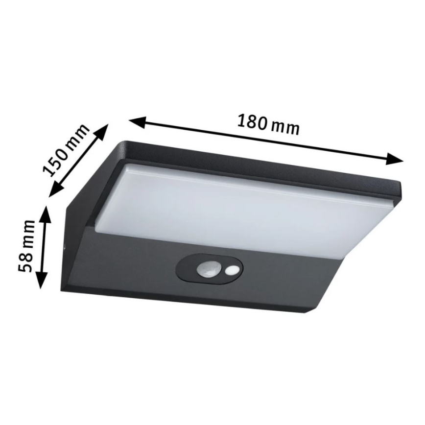 Svietidlo s pohybovým senzorom je umiestnené na stene. Má rozmery 180 mm x 150 mm x 58 mm. Svietidlo je tmavosivé.