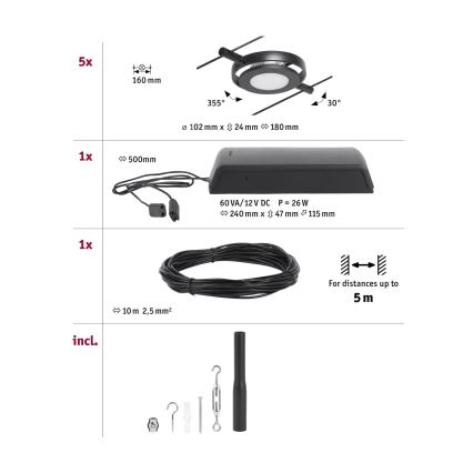 Paulmann 94418 - SADA 5xLED/4,5W Bodové svietidlo do lankového systému ROUNDMAC 230V čierna