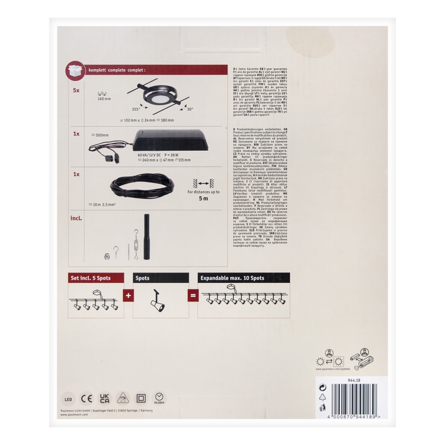 Paulmann 94418 - Sada 5xLED/4,5W Kompletný lankový systém ROUNDMAC 230V čierna