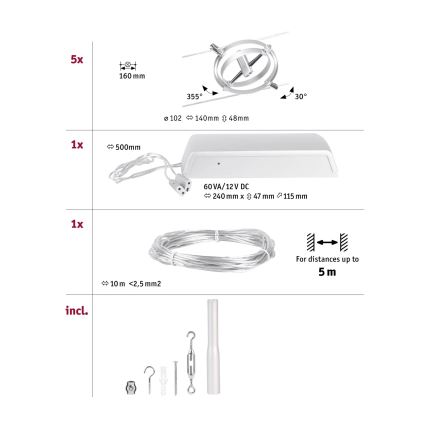 Sada osvetlenia obsahuje: päť prvkov (160 mm), zdroj (240 x 47 x 115 mm, 60 VA/12V DC), kábel (10 m, 2,5 mm2, max. 5 m), a montážne prvky.
