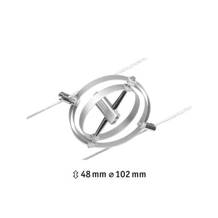 Stropný držiak s dvoma kruhovými kovovými rámami sa otáča. Je pripevnený štyrmi tyčkami. Rozmery: výška 48 mm, priemer 102 mm.