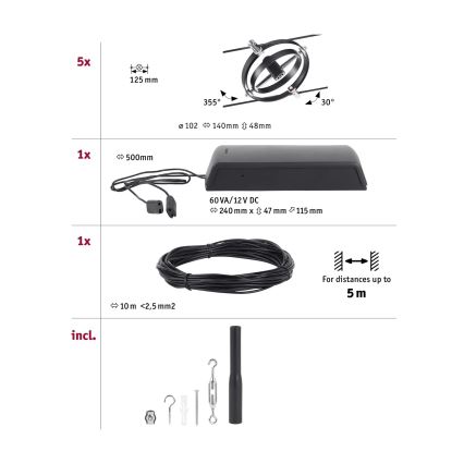 Súprava obsahuje: päť otočných prvkov (125 mm), jeden ovládací box (240x47x115 mm, 60VA/12V DC), desať metrov kábla (2,5 mm2), montážny materiál (háčiky, skrutky, tyč). Kábel je vhodný pre vzdialenosti do 5 metrov.