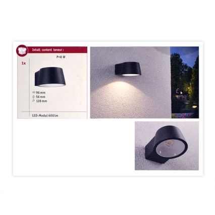 Čierna nástenná lampa s LED modulom 600 lm a výkonom 8 W svieti na stene. Rozmery sú 96 x 56 x 128 mm.