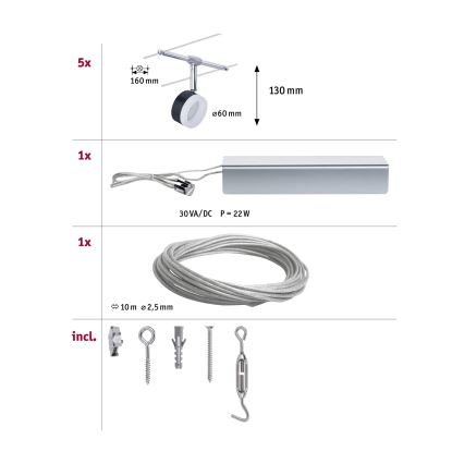 Paulmann 94457 - SADA 5xLED/4W Kompletný lankový systém CLEAR 230V čierna/lesklý chróm
