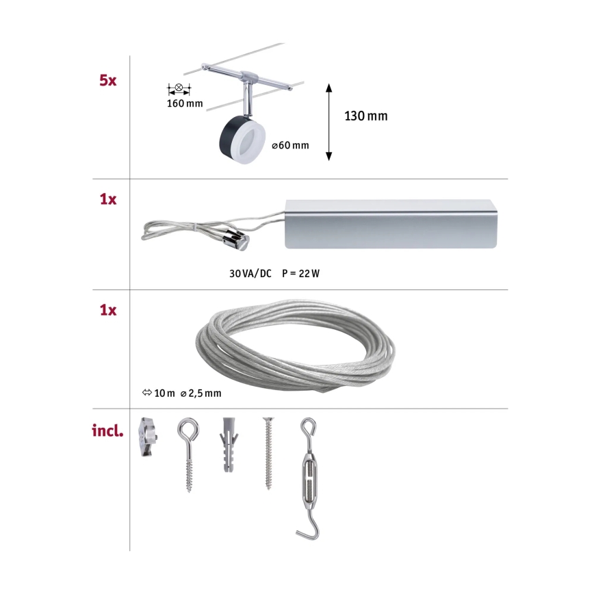 Paulmann 94457 - SADA 5xLED/4W Kompletný lankový systém CLEAR 230V čierna/lesklý chróm