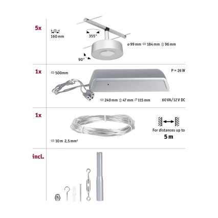 Sada svietidla obsahuje: 5x malé kruhové svietidlá s nastaviteľným ramenom, 1x napájací zdroj (240x47x115 mm, 60VA/12V DC, 26W), 1x 10m kábel (2,5mm²) a montážne príslušenstvo. Svietidlá sa dajú nastaviť do uhla 90° a 355°. Kábel je vhodný pre vzdialenosti do 5 metrov.