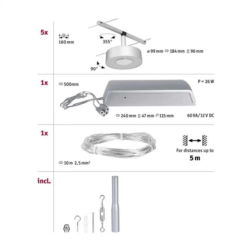 Sada svietidla obsahuje: 5x malé kruhové svietidlá s nastaviteľným ramenom, 1x napájací zdroj (240x47x115 mm, 60VA/12V DC, 26W), 1x 10m kábel (2,5mm²) a montážne príslušenstvo. Svietidlá sa dajú nastaviť do uhla 90° a 355°. Kábel je vhodný pre vzdialenosti do 5 metrov.
