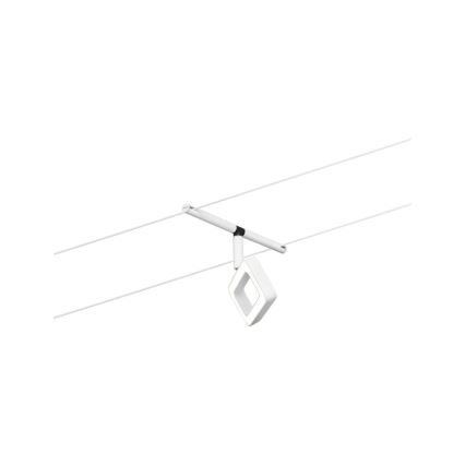 Biela štvorcová lampa visí z bielej tyče pripevnené k dvom paralelným káblom. Lampa má vnútri menší štvorcový otvor.