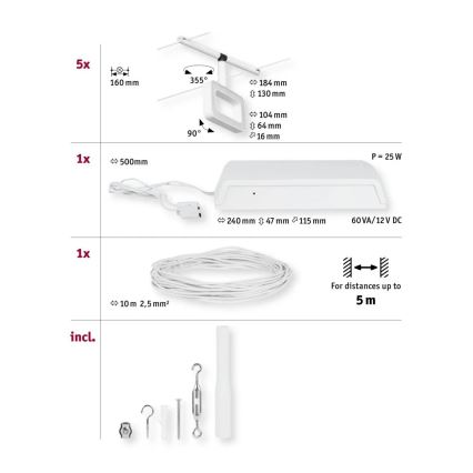 Sada osvetlenia obsahuje päť segmentových svetiel (160 mm), ovládač (240x47x115 mm, 60 VA/12 V DC, 25 W), 10 m kábla (2,5 mm²) a montážny materiál. Svetelné segmenty sa dajú nastaviť do uhla 90° alebo 355°.