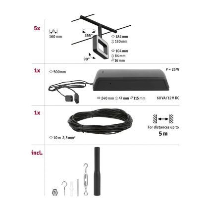 Sada osvetlenia obsahuje päť svietidiel, napájací zdroj (240 mm × 47 mm × 115 mm, 60 VA/12 V DC, 25 W), 10 m kábla (2,5 mm²) a montážny materiál. Svietidlá sú štvorcové a upevňujú sa na strop.